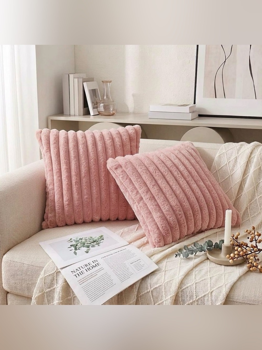 New! 18x18 Decorative Faux Fur Throw Pillow Covers Set of 2- Pink